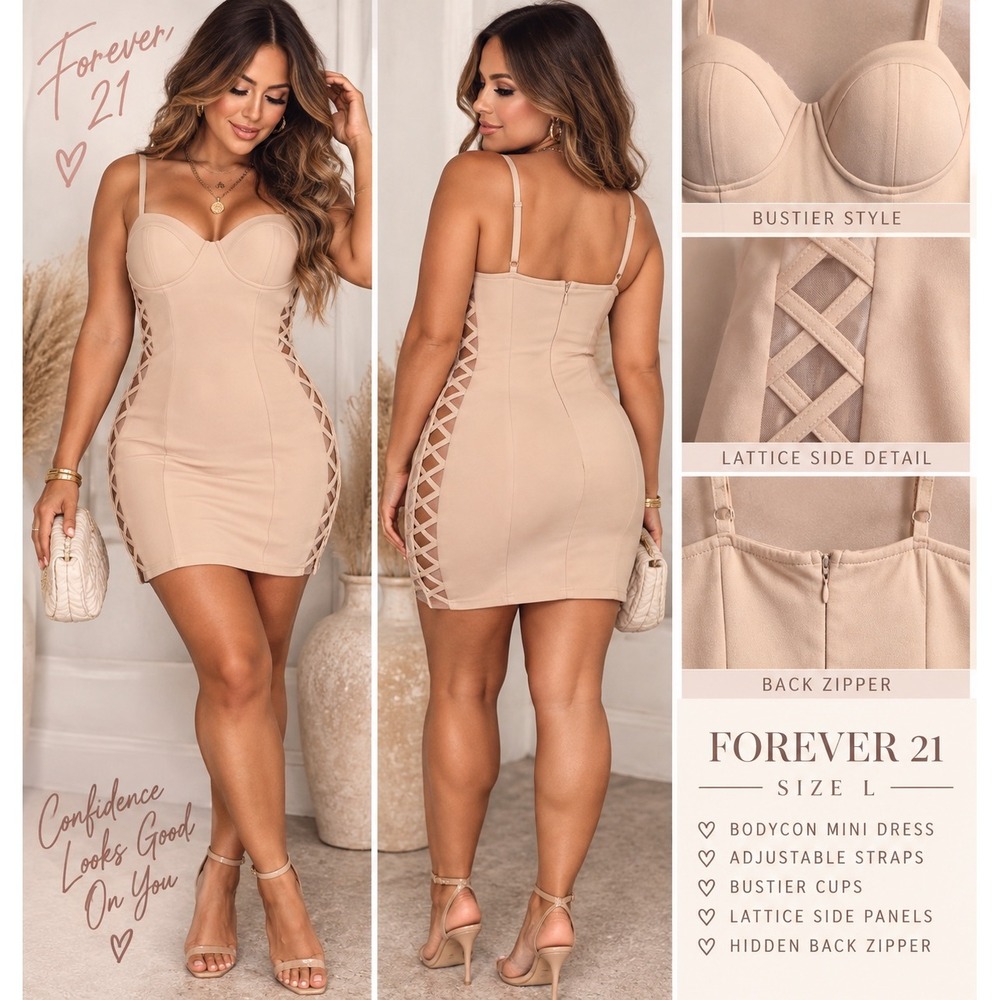 Forever 21 Womens Beige Bustier Bodycon Mini Dress Lattice Side Detail Size L